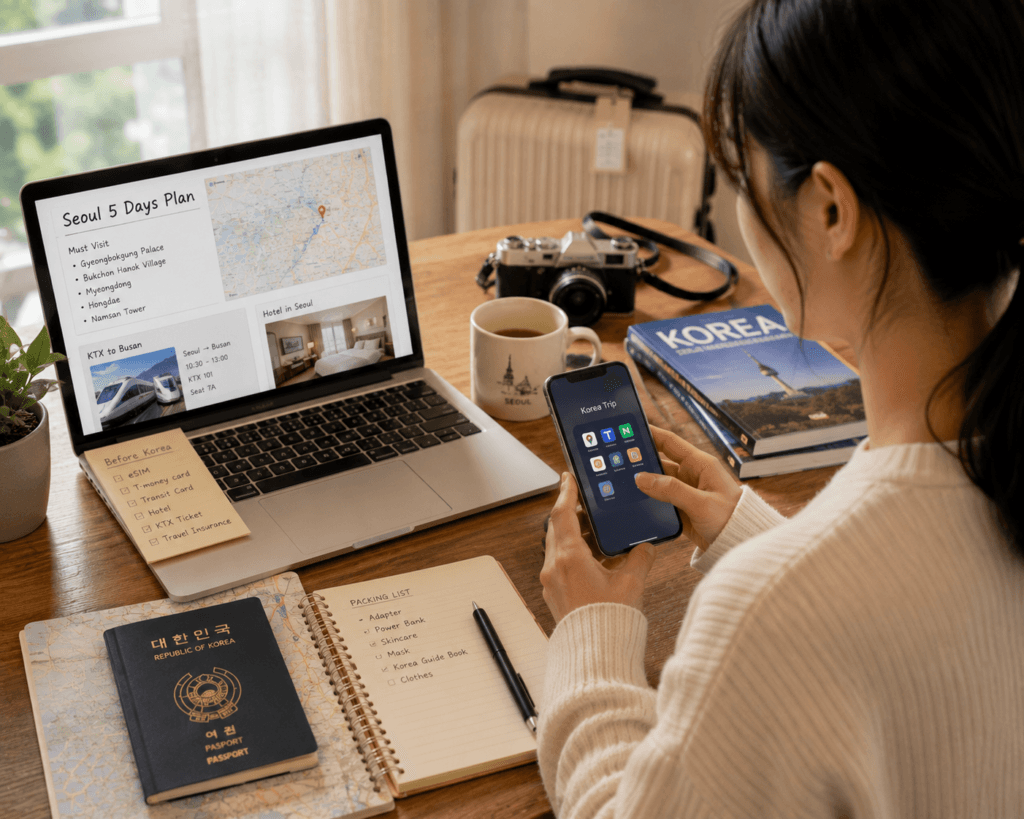 Traveler planning a Korea trip with smartphone, laptop, passport, and travel items