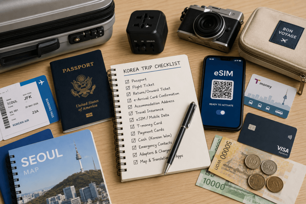 Korea Travel Checklist Before Departure Korea travel checklist with passport, boarding pass, eSIM phone, T-money card, cash and travel documents