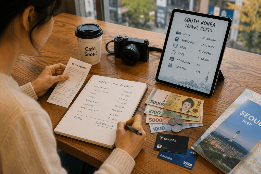Traveler planning Korea travel costs with Korean won, credit card, notebook, and phone