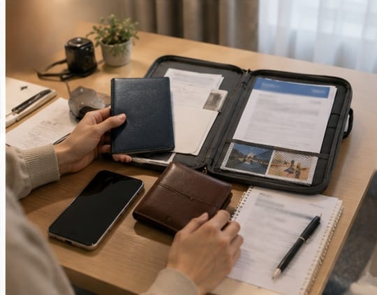 Traveler organizing a passport holder, smartphone, wallet, and travel documents before a trip to Korea