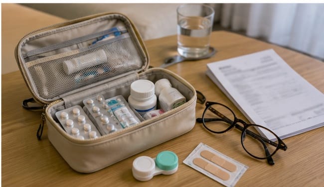 Travel health kit with medication, glasses, contact lens supplies, bandages, and medical documents for a Korea trip