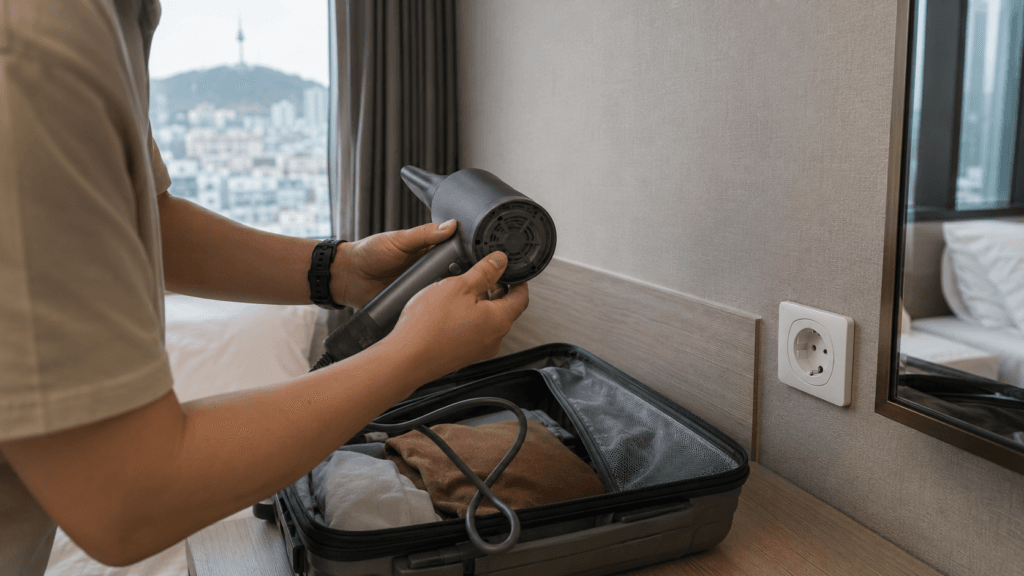 Traveler checking a hair dryer before using it with a Korean 220V hotel outlet