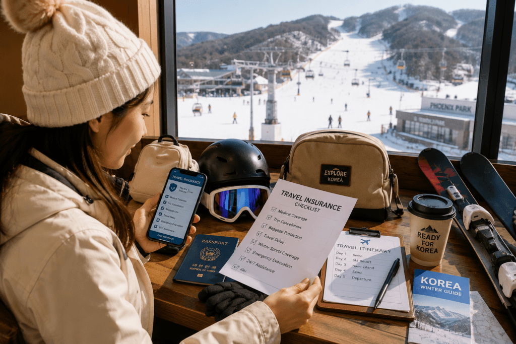 Traveler preparing ski gear and travel insurance documents for a winter trip in Korea