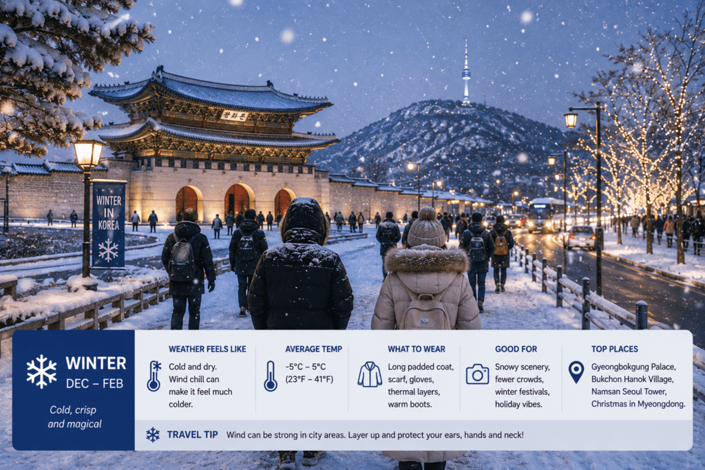 Snow-covered Seoul street with travelers exploring Korea during winter