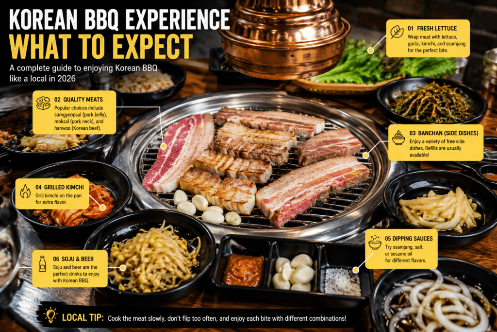 What to Expect at Korean BBQ Restaurants Traditional Korean BBQ table setup with pork belly kimchi garlic and side dishes