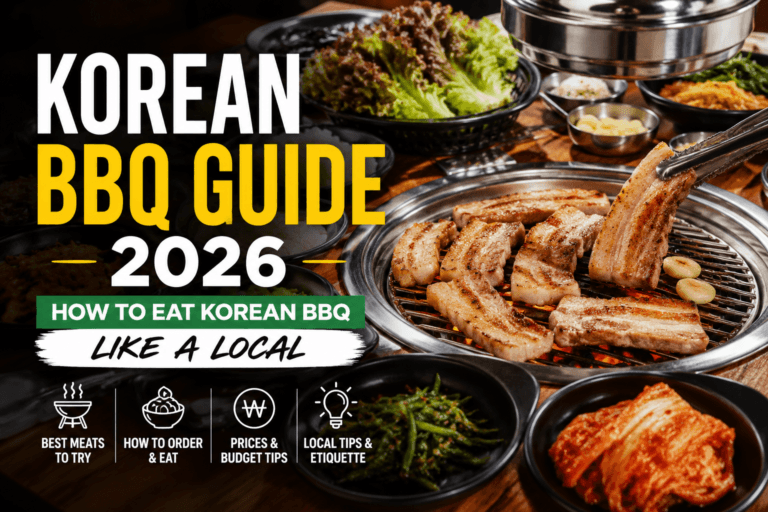 Korean BBQ Guide 2026 featuring grilled pork belly and traditional Korean side dishes