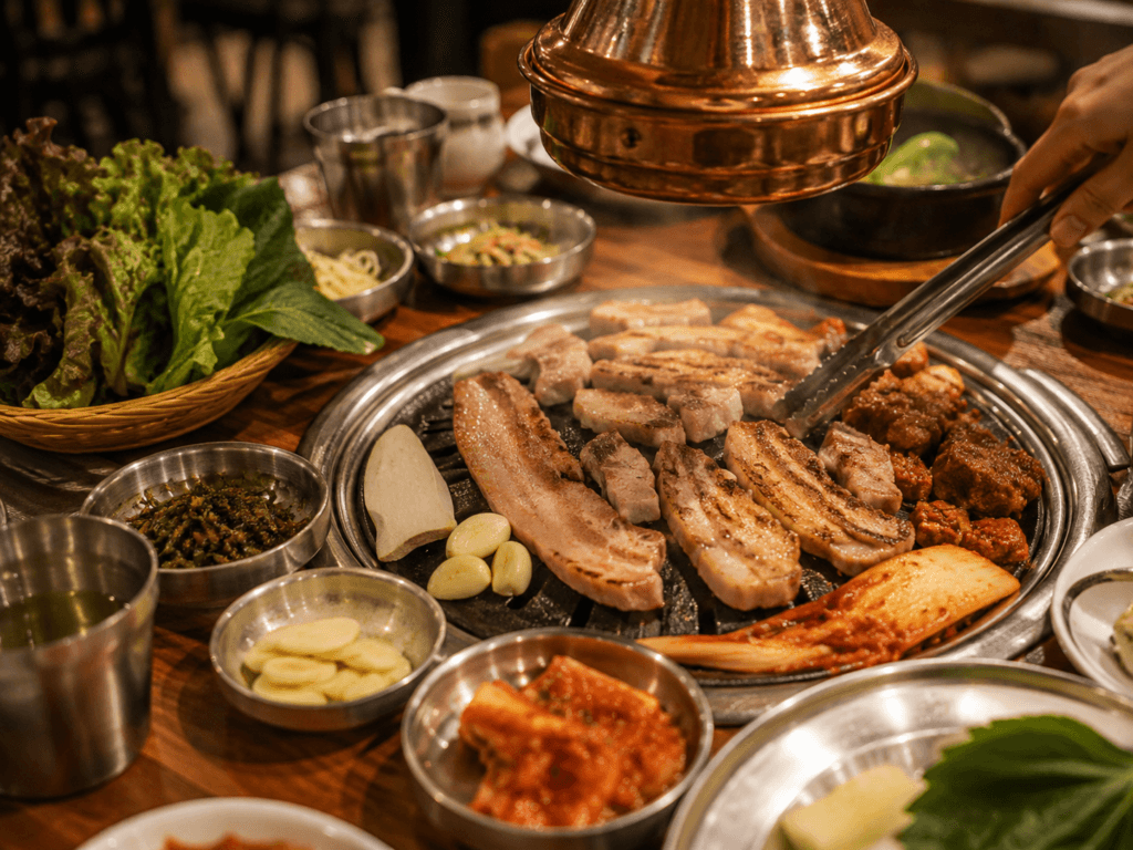 Korean BBQ Samgyeopsal Table Korean BBQ table with grilled samgyeopsal, kimchi, garlic, lettuce wraps, and side dishes