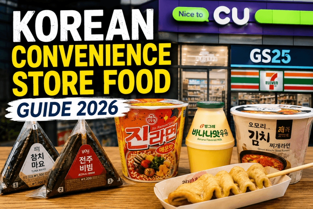 Korean convenience store food picnic by the Han River with ramen kimbap banana milk and sunset skyline