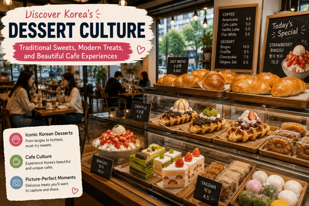 Modern Korean cafe featuring bingsu croffles pastries and traditional desserts