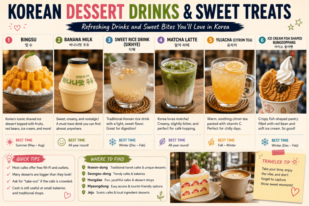 Korean dessert drinks and sweet treats including bingsu banana milk sikhye and traditional desserts