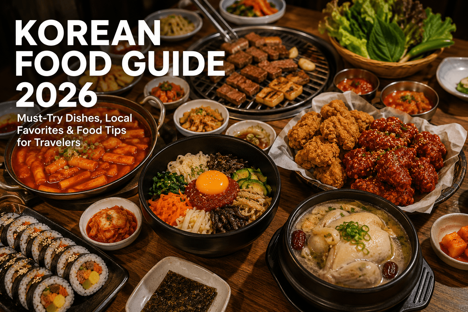 Korean food guide table with Korean BBQ, fried chicken, bibimbap, tteokbokki, gimbap, samgyetang, and side dishes