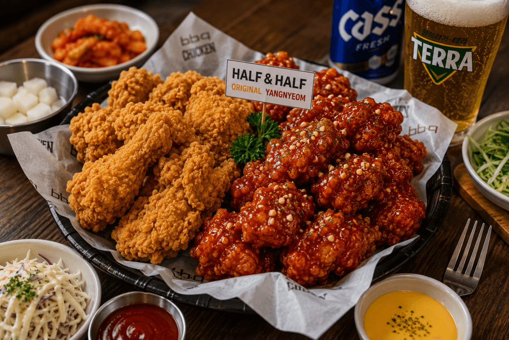 Korean Fried Chicken Half and Half Korean fried chicken half and half with crispy original chicken, spicy yangnyeom chicken, pickled radish, and drinks