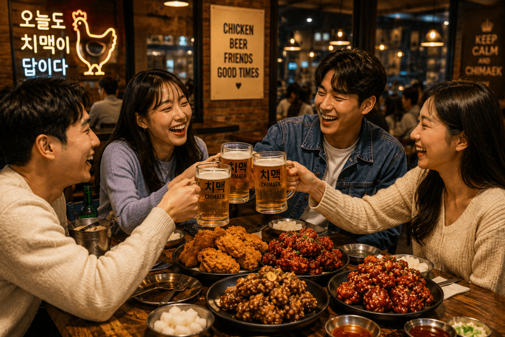 Friends enjoying Korean fried chicken and beer at a restaurant in Seoul