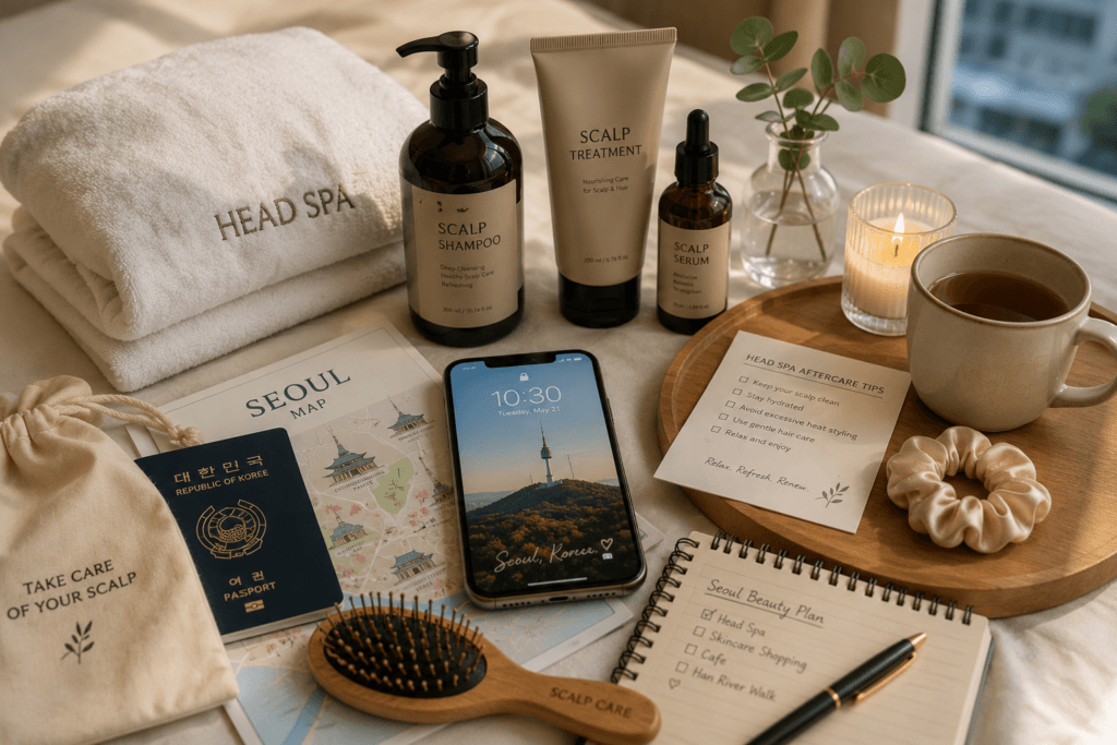 Korean head spa aftercare items with scalp shampoo, towel, hairbrush, Seoul map, phone and travel essentials