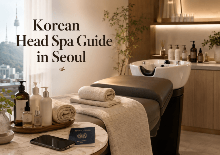 Korean Head Spa Guide in Seoul with a relaxing salon interior, wash station, towels, haircare products, passport and phone