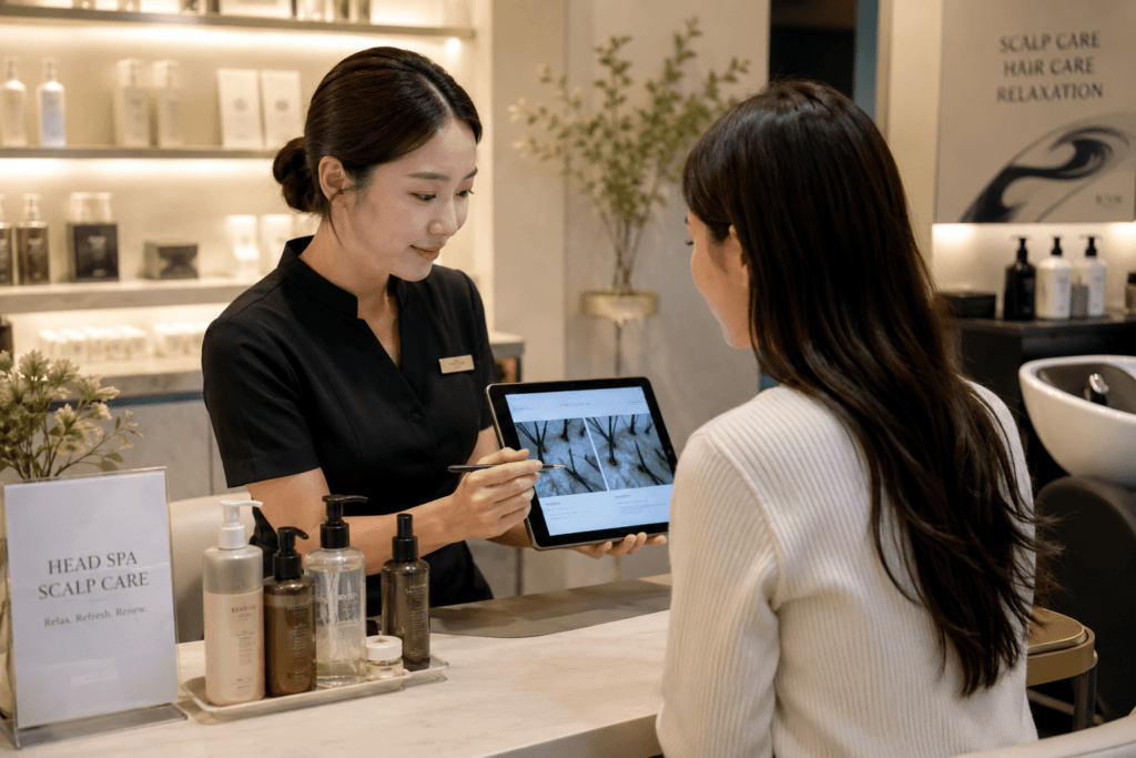 Scalp consultation at a modern Korean head spa in Seoul with a consultant showing a tablet to a traveler