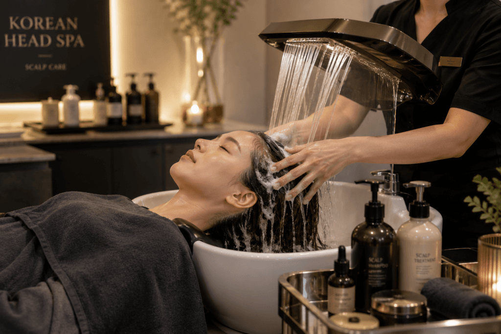 Relaxing Korean head spa water rinse treatment in a modern Seoul salon