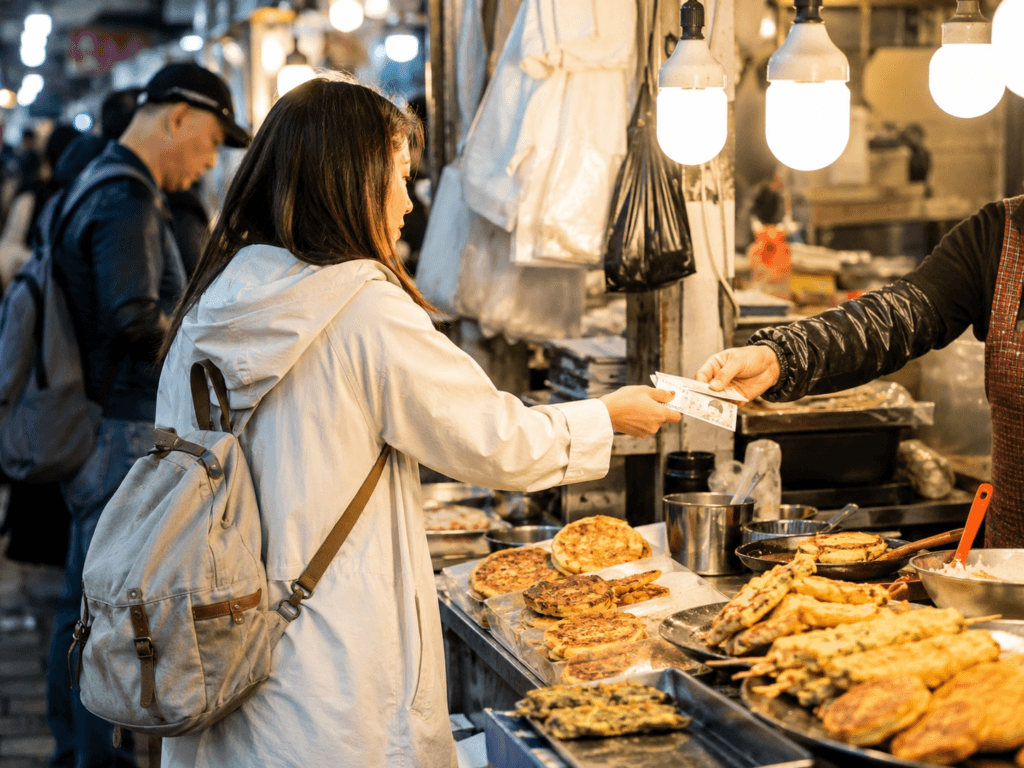 Traveler paying with Korean won cash at a street food stall in South Korea
