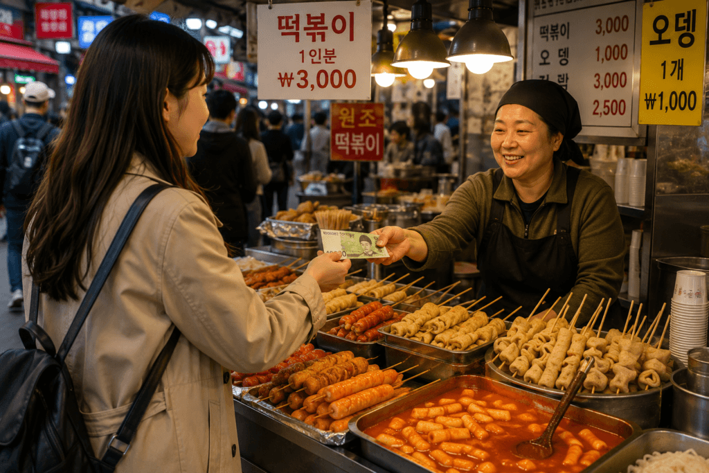 Traveler paying with Korean won cash at a Korean street food market