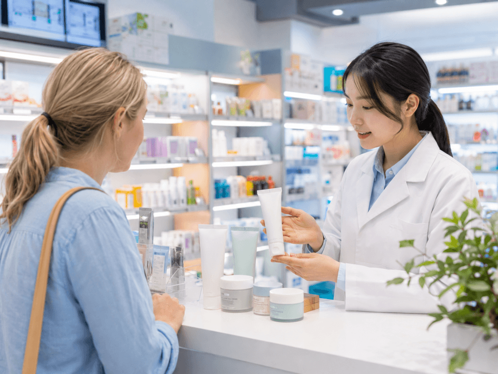 Tourist asking a Korean pharmacist about skincare products at a pharmacy counter
