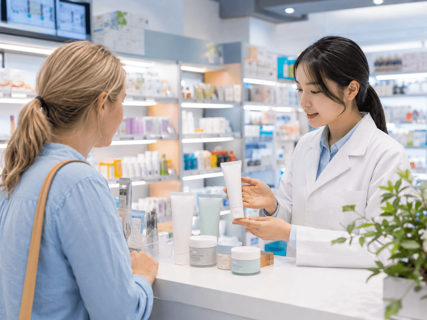 Tourist asking a Korean pharmacist about skincare products at a pharmacy counter