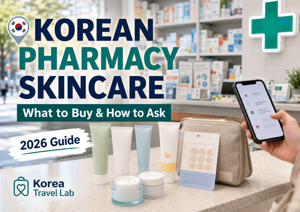 Korean pharmacy skincare guide 2026 with skincare products, travel pouch and translation phone