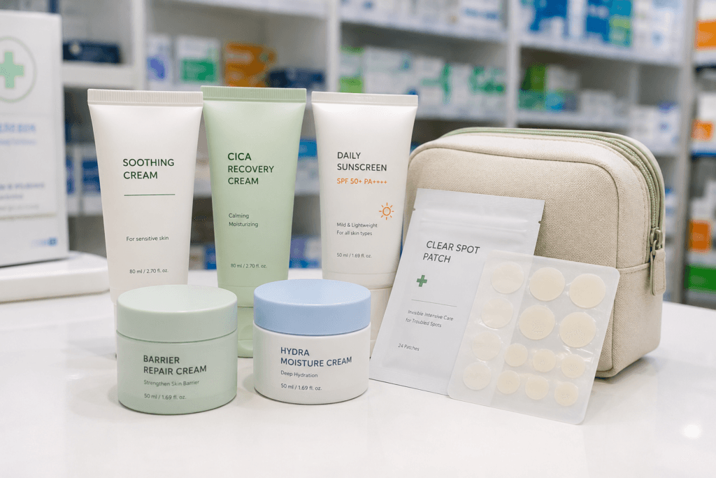 Korean pharmacy skincare products including soothing cream, barrier cream, sunscreen and acne patches