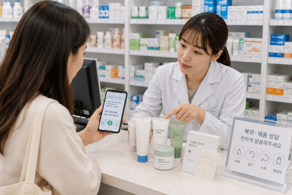 Tourist using a translation app to ask a Korean pharmacist about skincare products