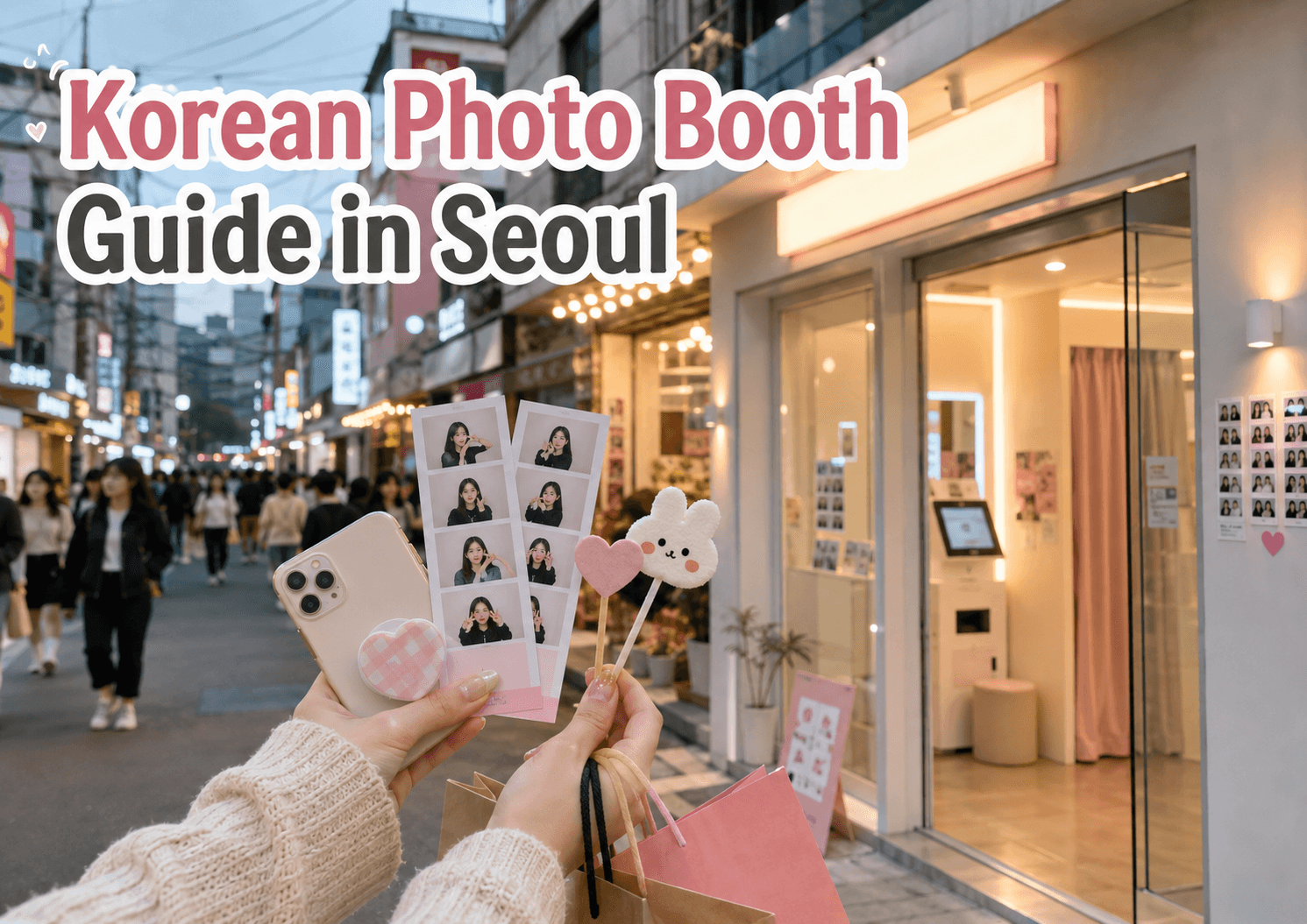Korean Photo Booth Guide in Seoul with printed photo strips, smartphone, cute props, shopping bags and a trendy photo booth storefront