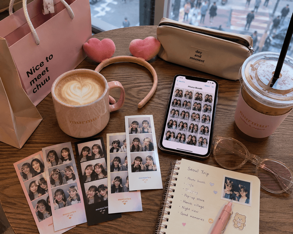 Printed Korean photo booth strips on a cafe table with smartphone photo gallery, coffee, shopping bag, notebook and cute props