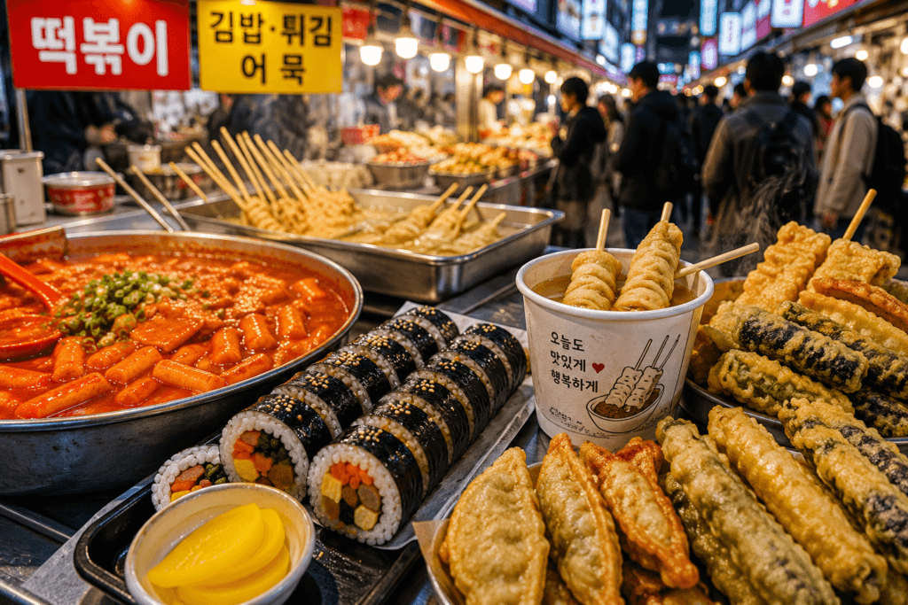 Korean Street Food Market Korean street food market stall with tteokbokki, gimbap, fish cake skewers, fried snacks, and night market crowds