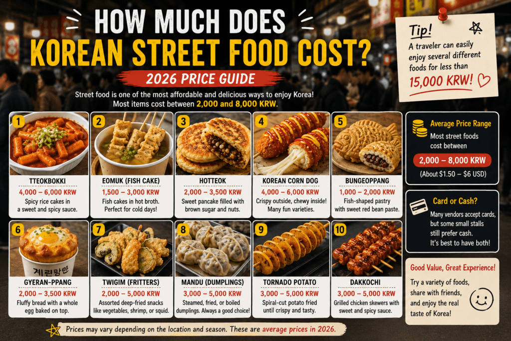 Korean street food price guide 2026 featuring tteokbokki fish cakes hotteok corn dogs dumplings and popular Korean snacks