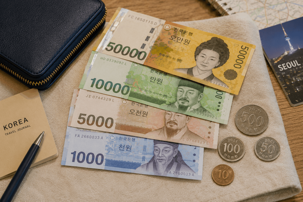Korean won banknotes and coins arranged with a travel wallet and Korea trip items