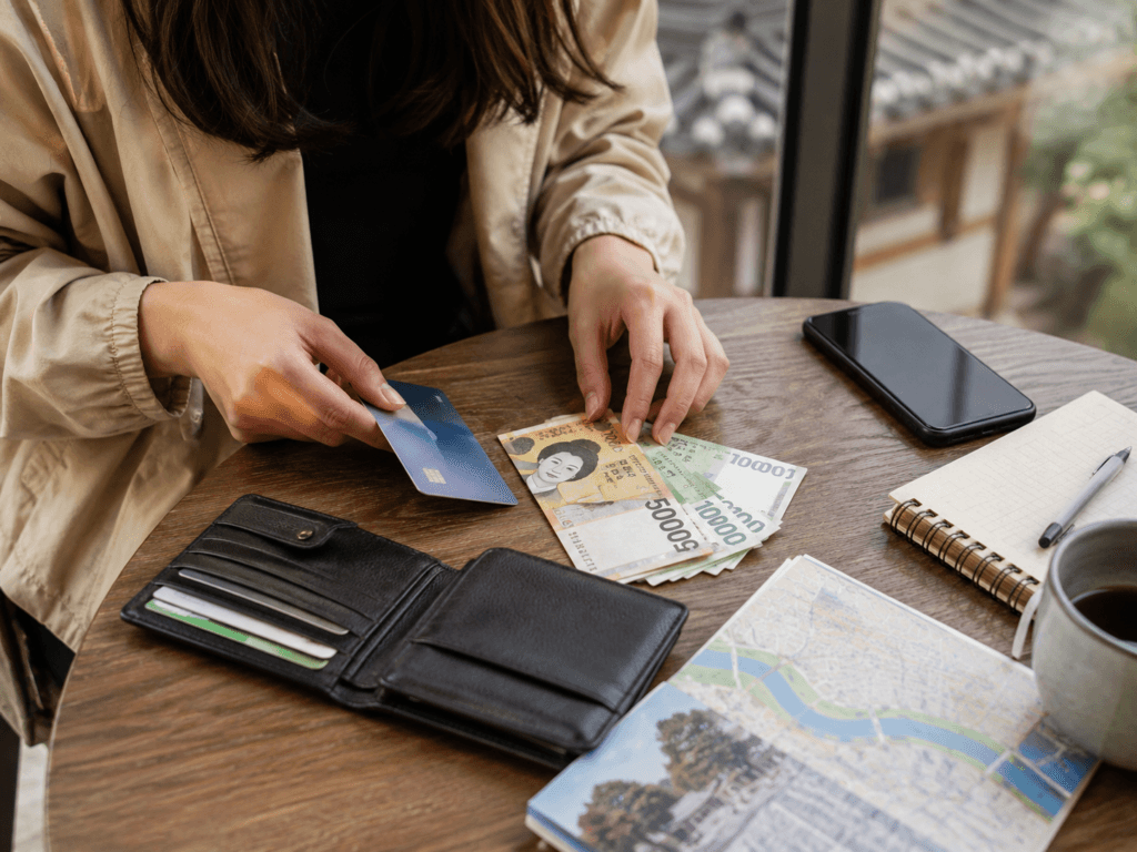 Traveler organizing Korean won cash and a credit card for a trip to Korea
