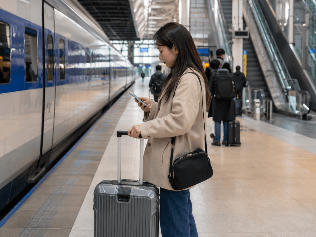 Traveler checking a train ticket on a smartphone at a Korean train station
