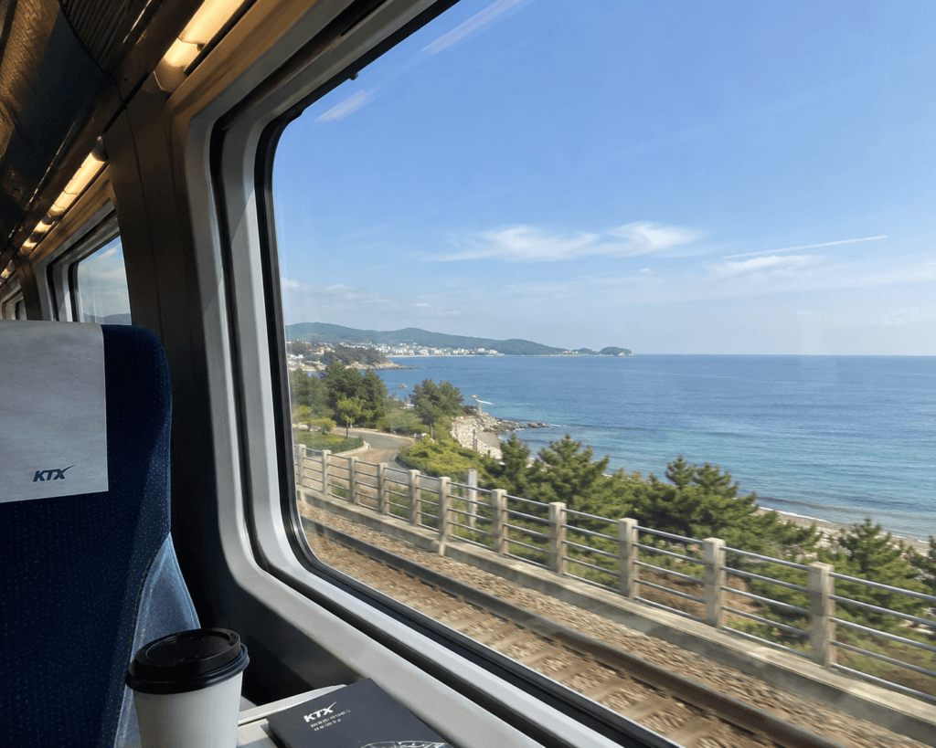 Coastal scenery seen from inside a high-speed train in South Korea