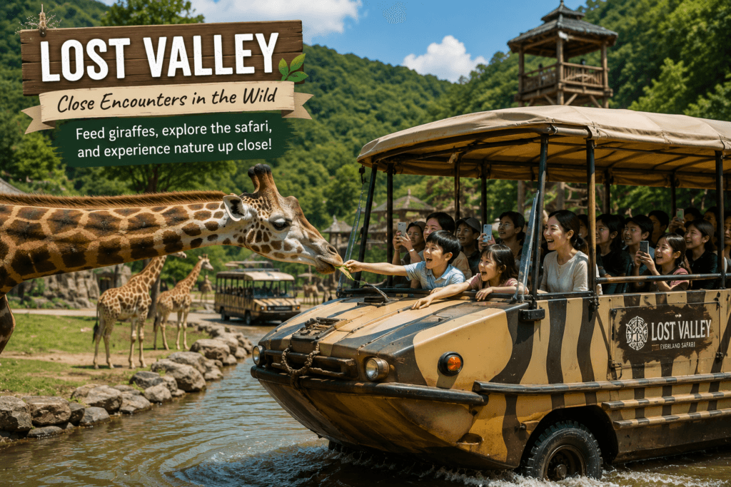 Visitors feeding a giraffe from a Lost Valley safari vehicle at Everland