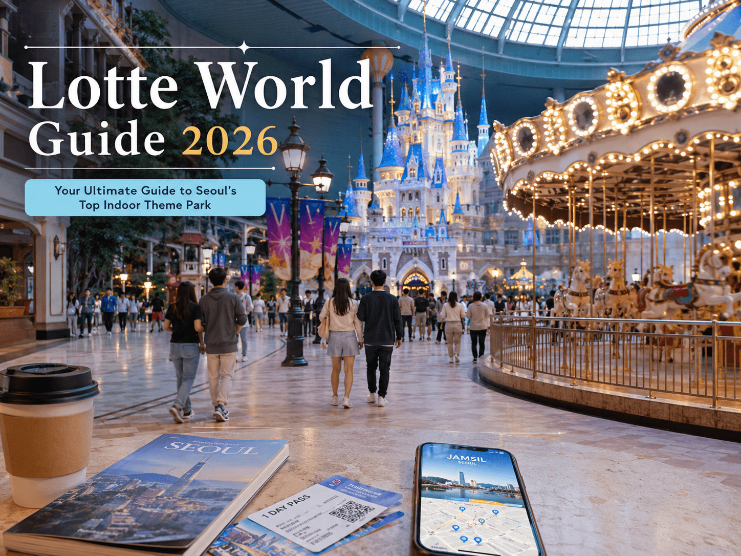 Lotte World Guide 2026 with indoor theme park, carousel, castle-style structure, tickets, phone and Jamsil travel items
