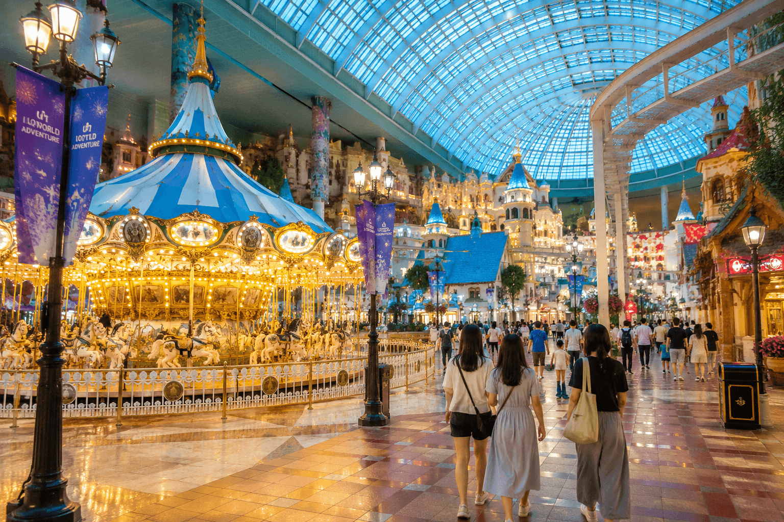 Indoor amusement park area in Seoul with carousel, glass dome, bright lights, travelers and family-friendly theme park atmosphere