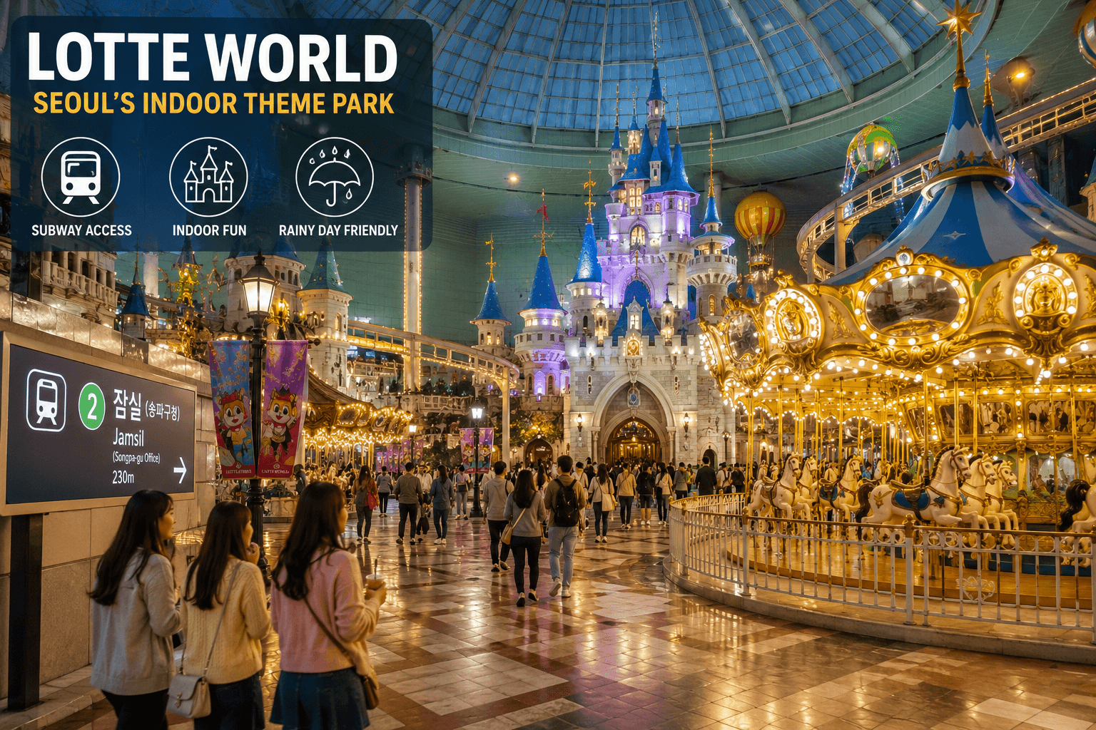 Lotte World indoor theme park in Seoul with carousel, glass dome, castle-style structure and rainy-day friendly atmosphere