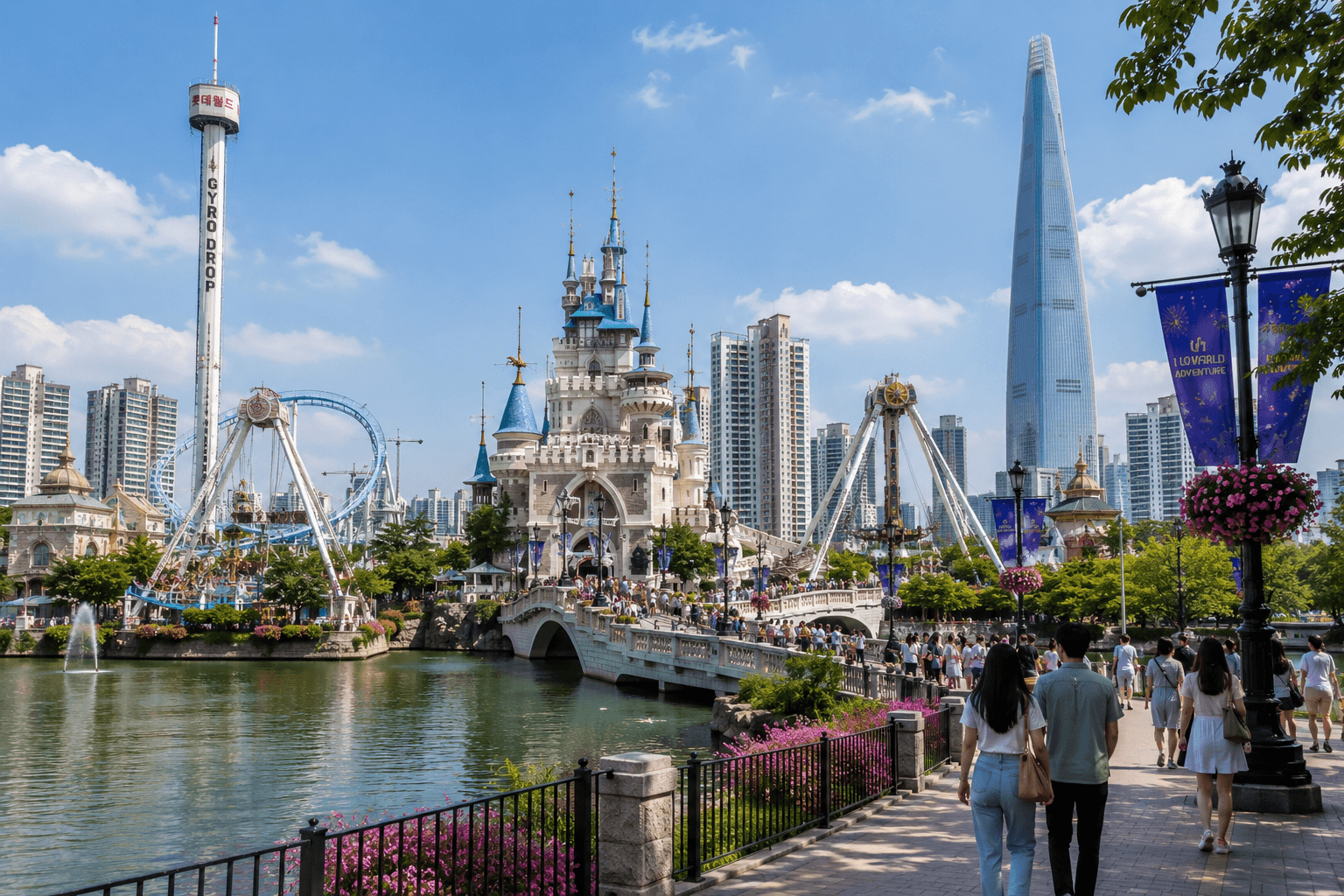 Lotte World Magic Island outdoor theme park beside Seokchon Lake with rides, castle-style building and Jamsil skyline