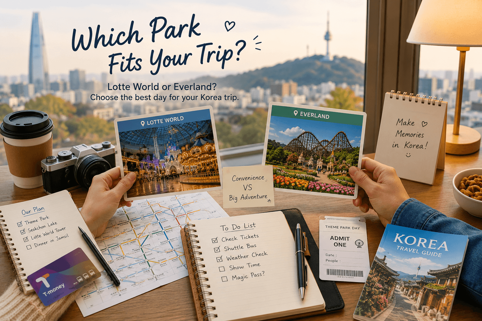 Travelers comparing Lotte World and Everland photo cards while planning a Korea theme park day