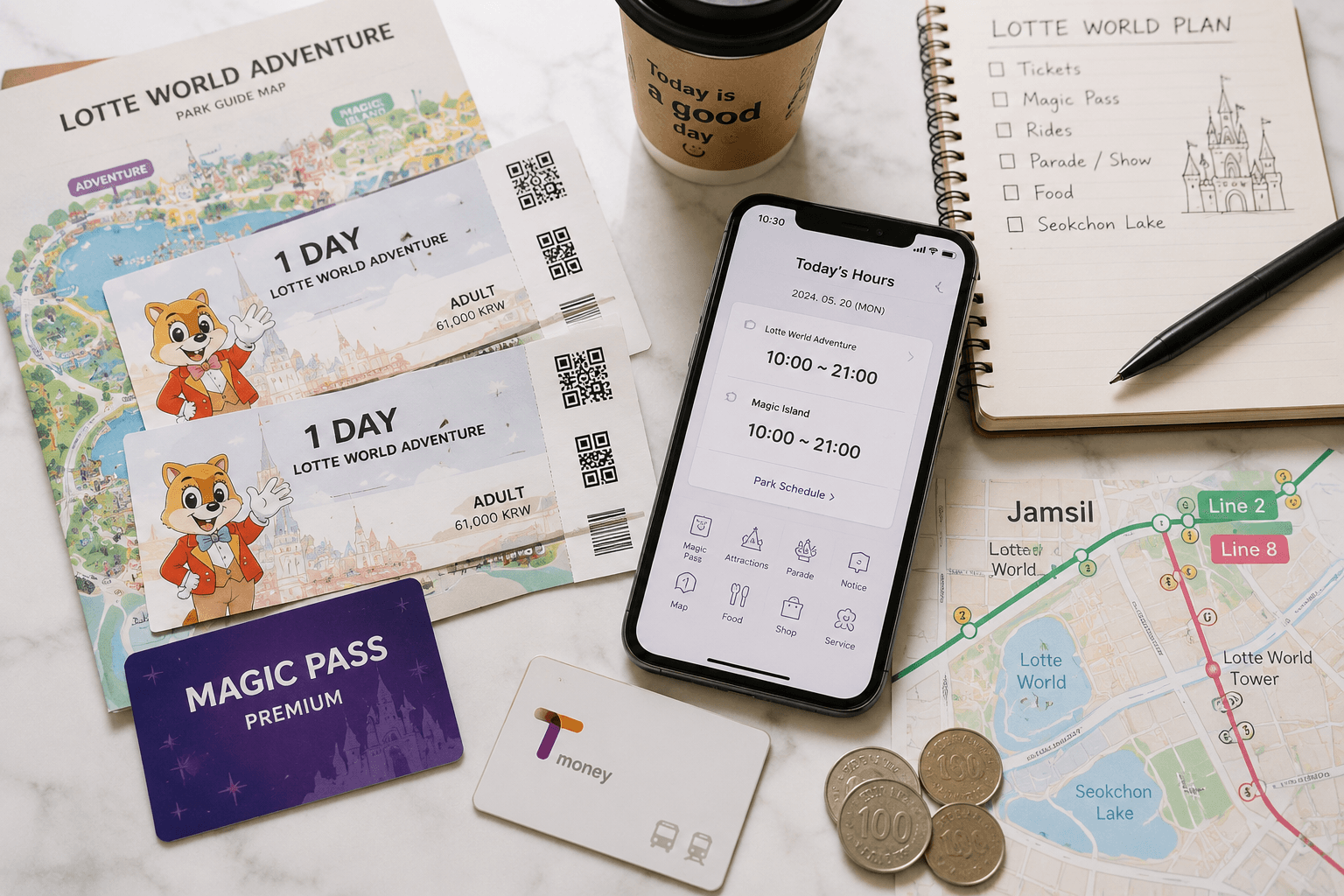 Lotte World ticket and Magic Pass planning flat lay with phone schedule, Jamsil map, T-money card, notebook and coffee