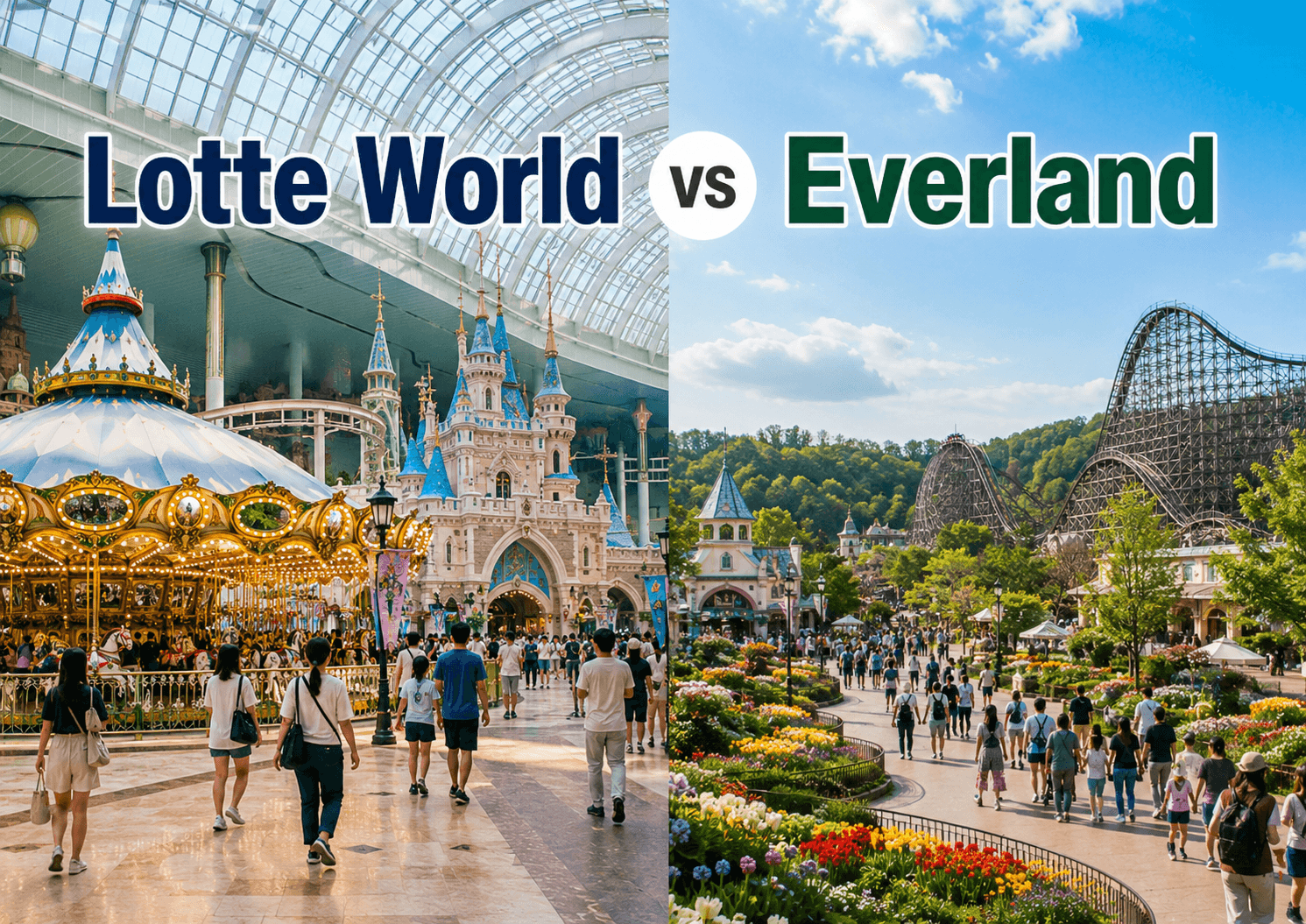 Lotte World vs Everland comparison with indoor Seoul theme park on one side and outdoor theme park with roller coaster on the other