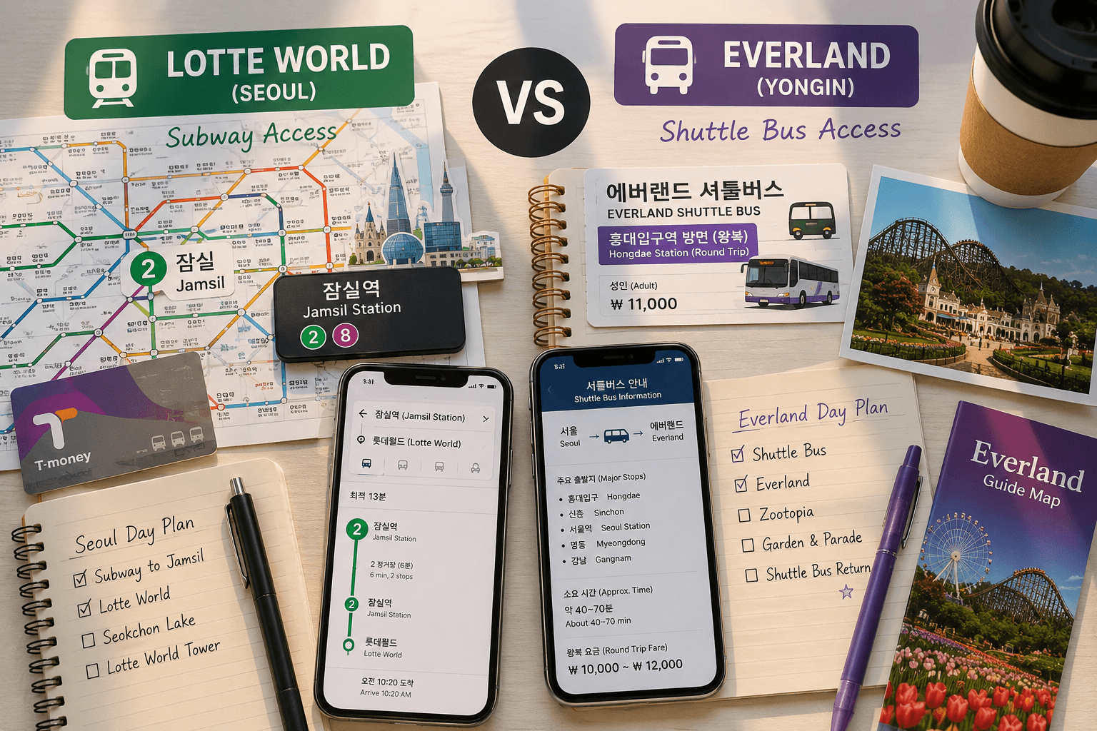 Lotte World vs Everland transportation comparison with Seoul subway route to Jamsil and shuttle bus route to Everland