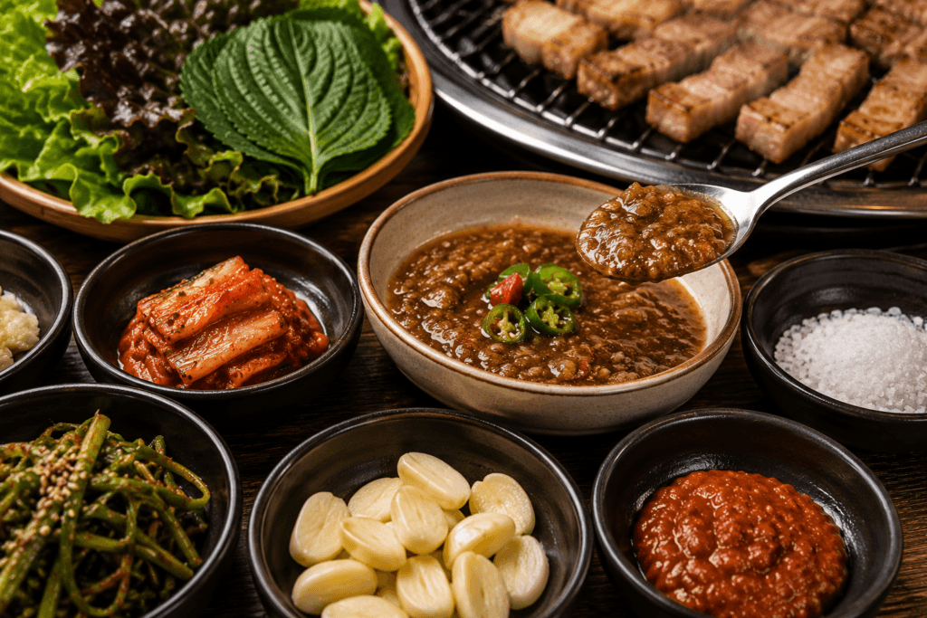Meljeot and Jeju Side Dishes Traditional meljeot dipping sauce served with Jeju black pork