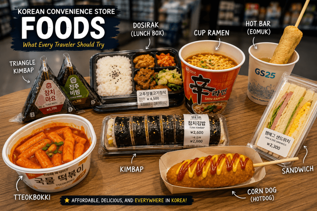 Interior of a Korean convenience store showing fresh meals ramen desserts and beverages