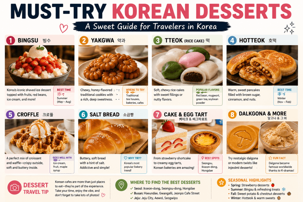 Popular Korean desserts including bingsu yakgwa tteok hotteok croffles and salt bread