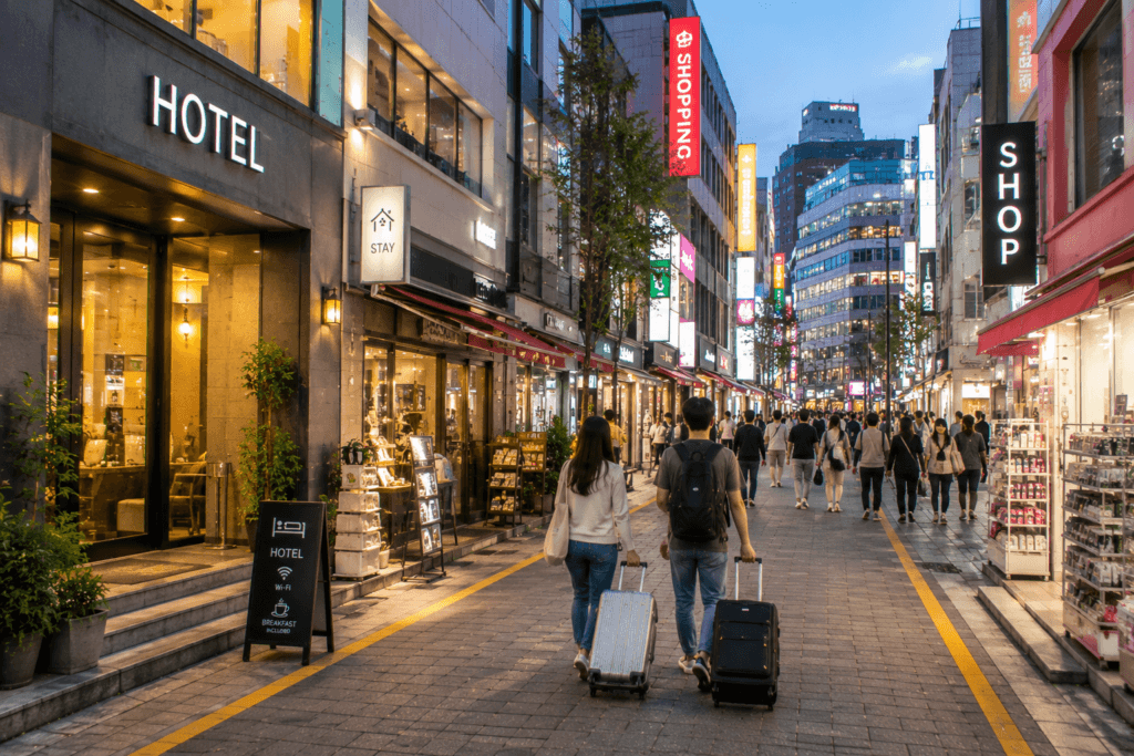 Myeongdong shopping street in Seoul with budget hotel area, travelers with luggage, bright storefronts, and busy evening atmosphere