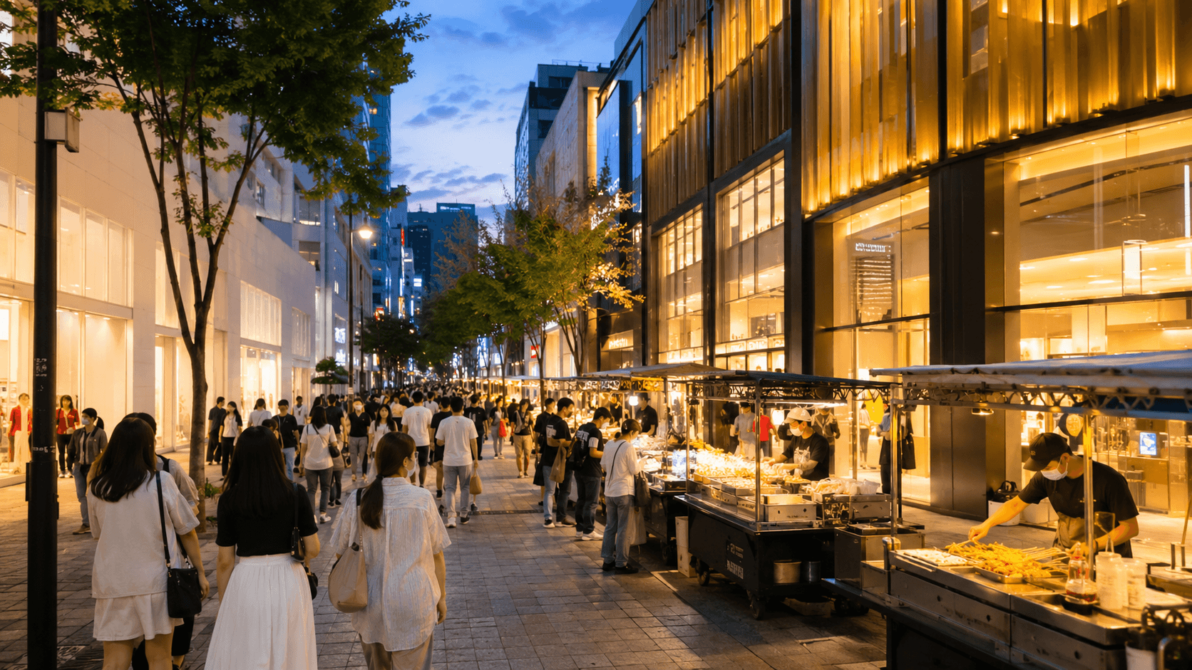 Traveler walking from Myeongdong toward N Seoul Tower with evening city lights